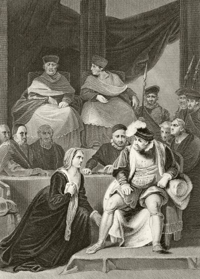 Catherine of Aragon kneeling before her husband King Henry VIII during the trial of their marriage, from 
